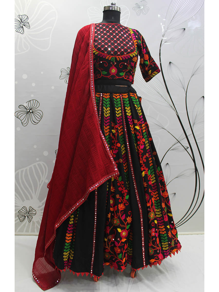 Myra Black Viscose Rayon and Cotton Embroidered with Print Designer Lehenga | Grocsy