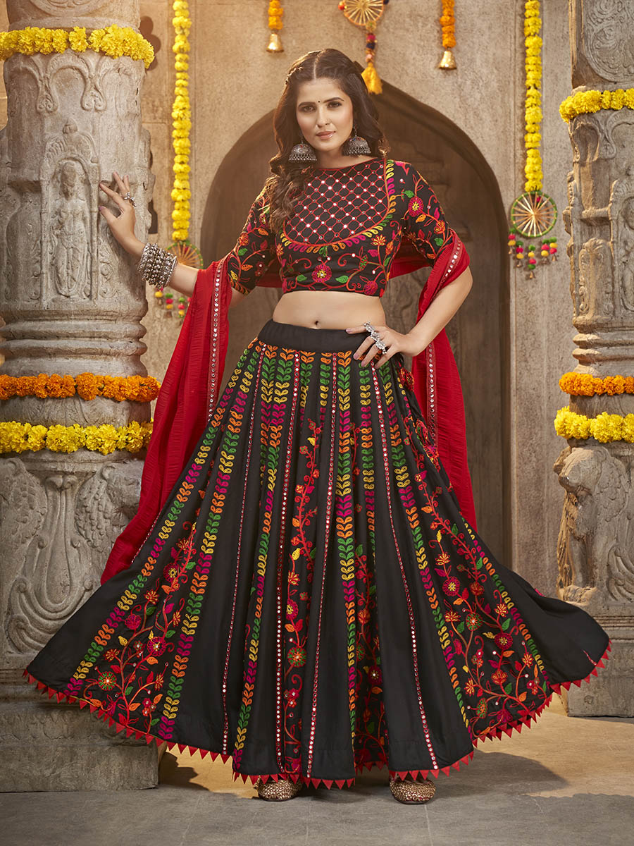 Myra Black Viscose Rayon and Cotton Embroidered with Print Designer Lehenga | Grocsy