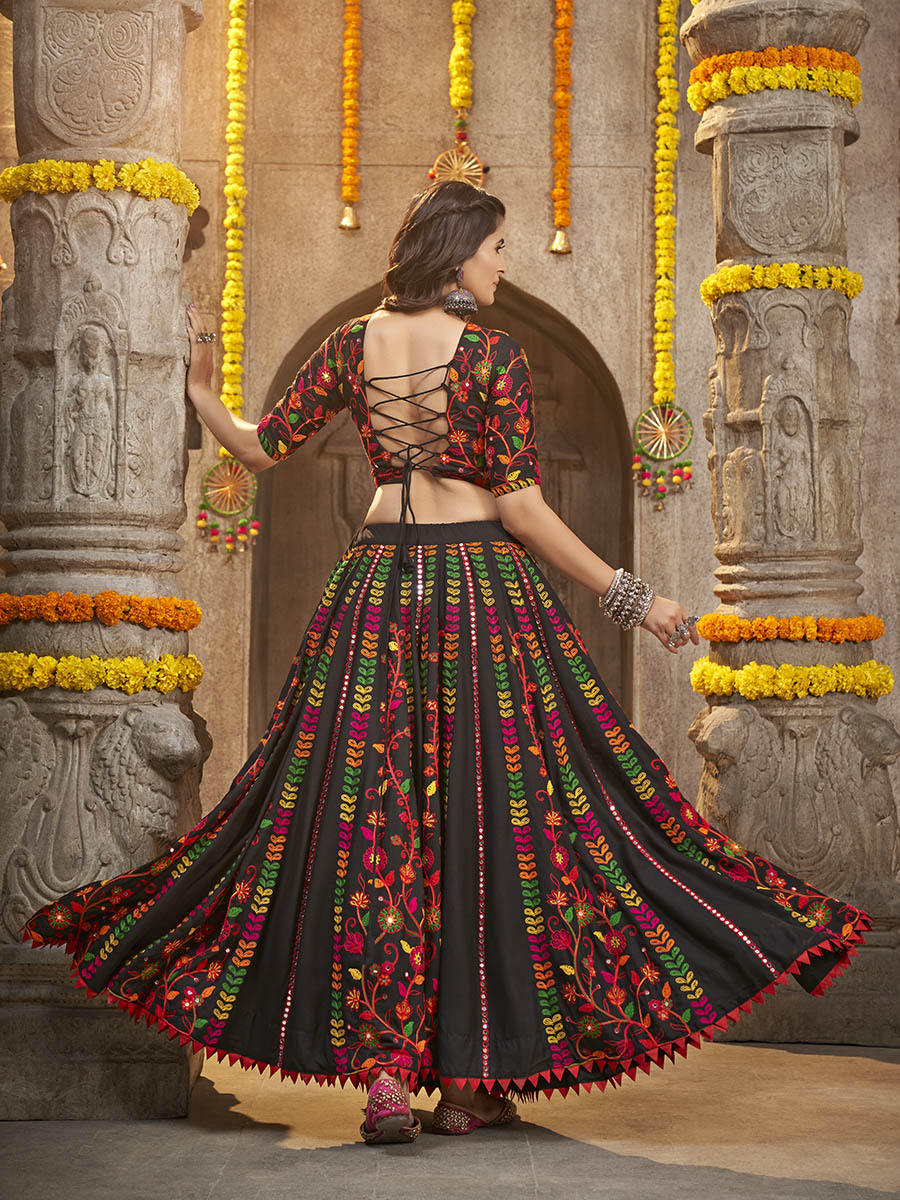 Myra Black Viscose Rayon and Cotton Embroidered with Print Designer Lehenga | Grocsy