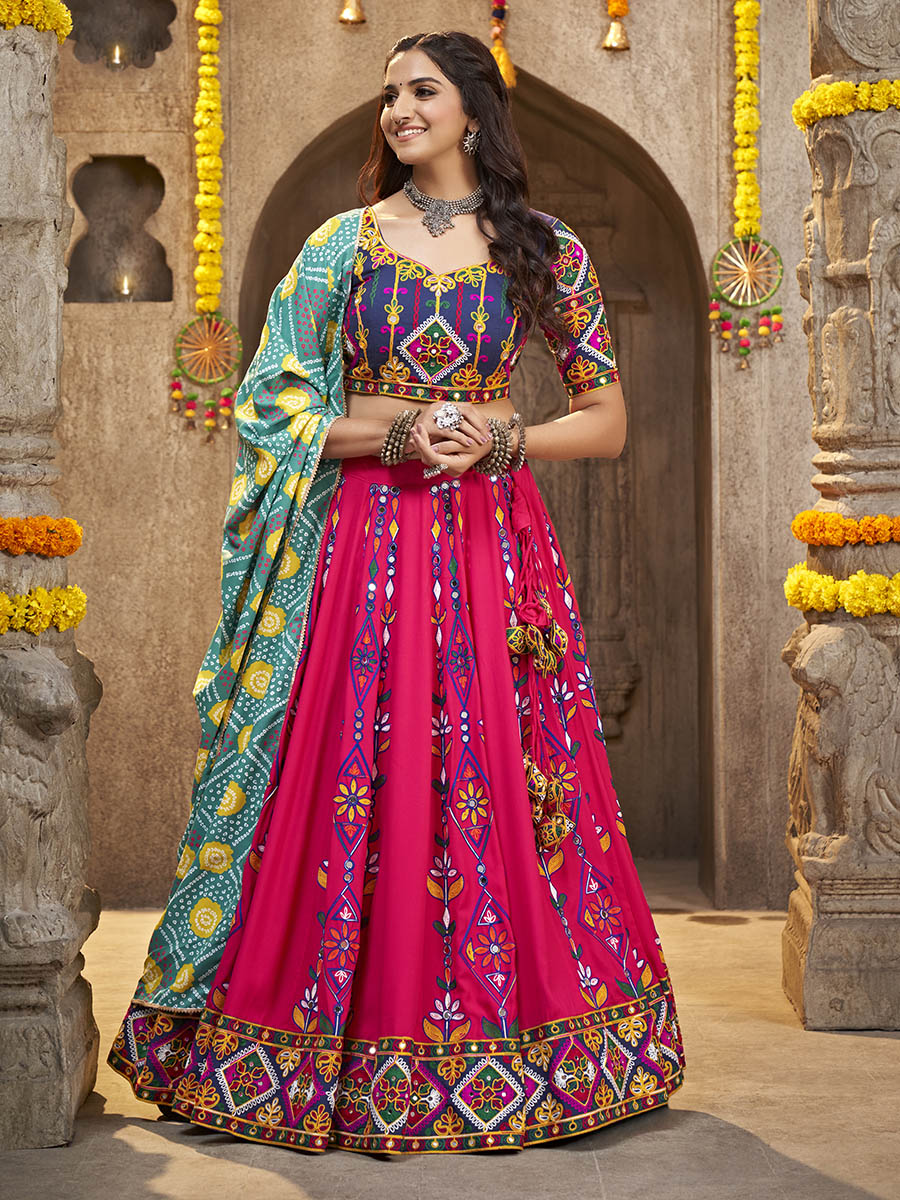 Myra Deep Pink Viscose Rayon and Cotton Embroidered with Print Designer Lehenga | Grocsy