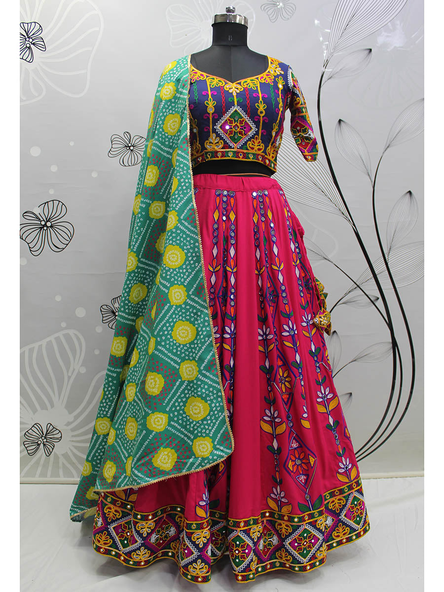 Myra Deep Pink Viscose Rayon and Cotton Embroidered with Print Designer Lehenga | Grocsy