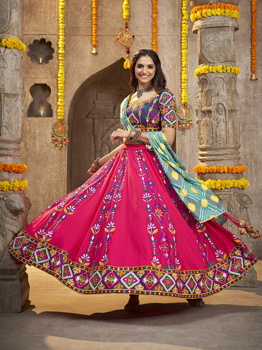 Myra Deep Pink Viscose Rayon and Cotton Embroidered with Print Designer Lehenga | Grocsy