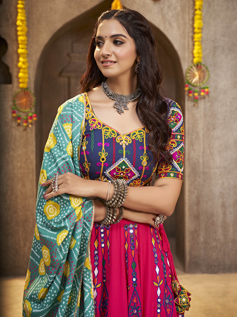 Myra Deep Pink Viscose Rayon and Cotton Embroidered with Print Designer Lehenga | Grocsy