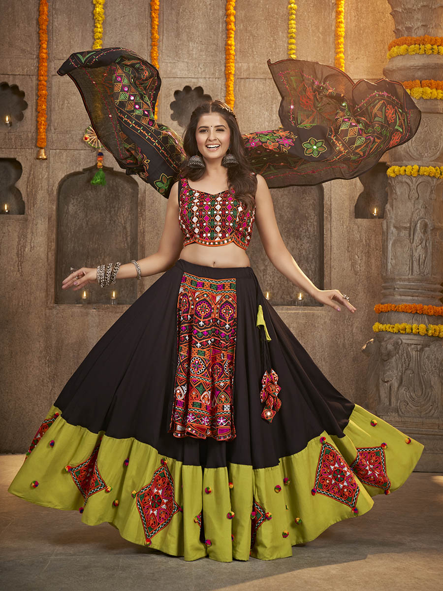 Myra Black Viscose Rayon and Cotton Embroidered with Print Designer Lehenga | Grocsy