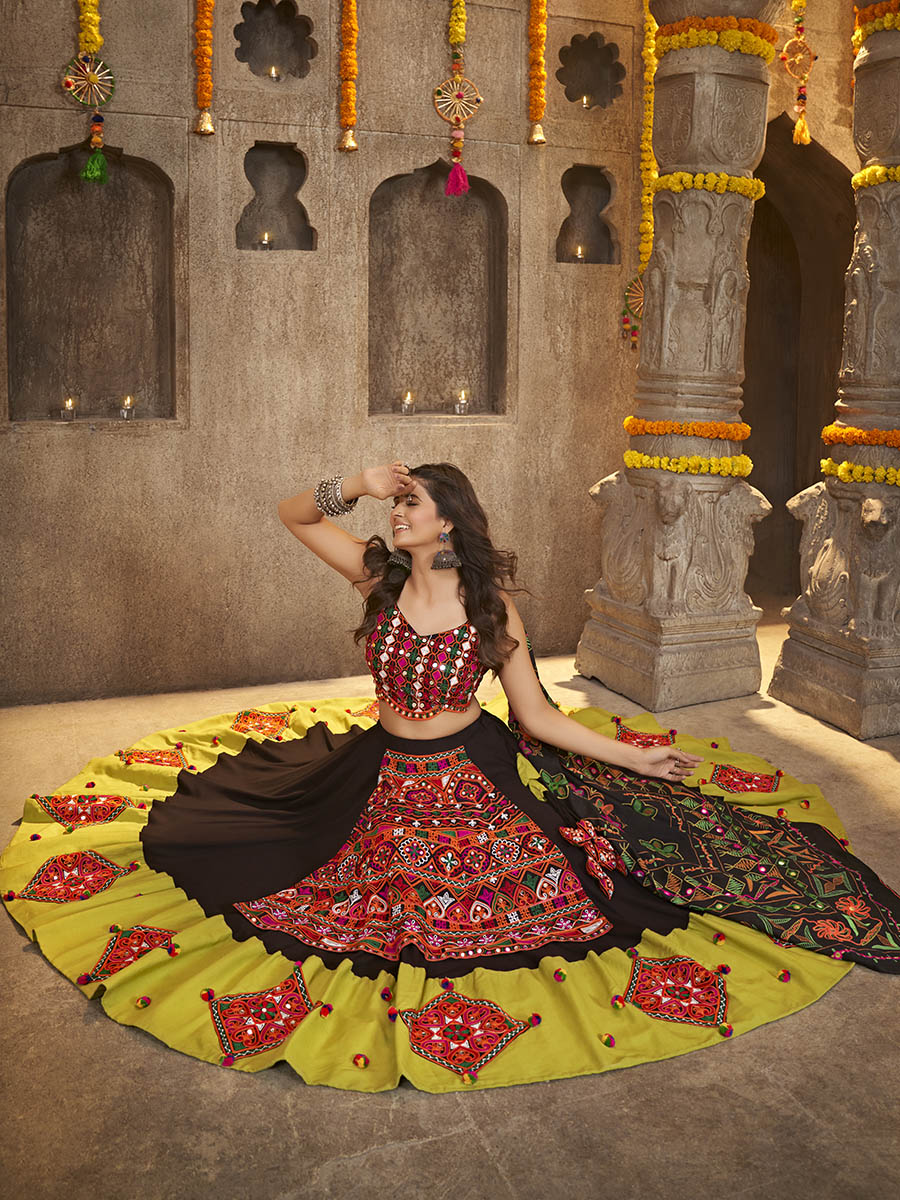 Myra Black Viscose Rayon and Cotton Embroidered with Print Designer Lehenga | Grocsy