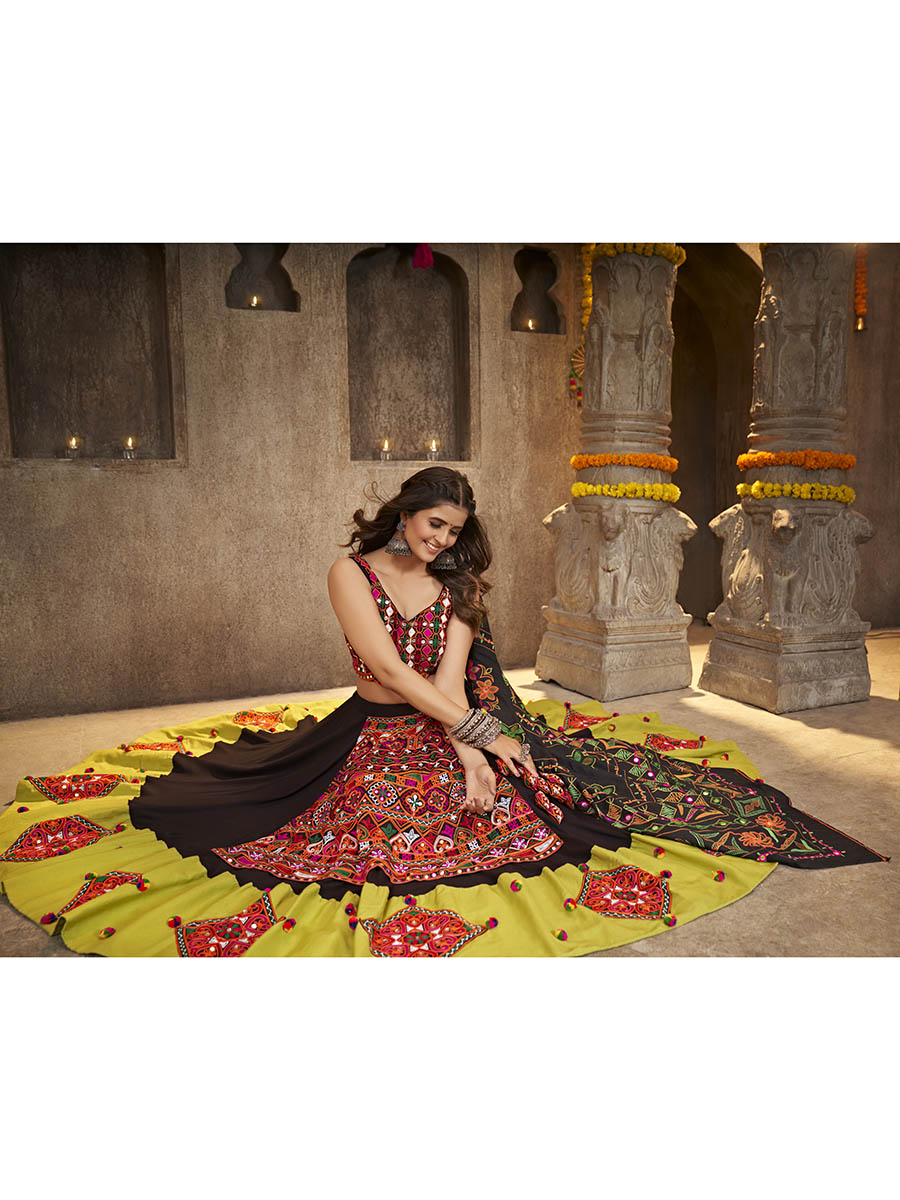 Myra Black Viscose Rayon and Cotton Embroidered with Print Designer Lehenga | Grocsy