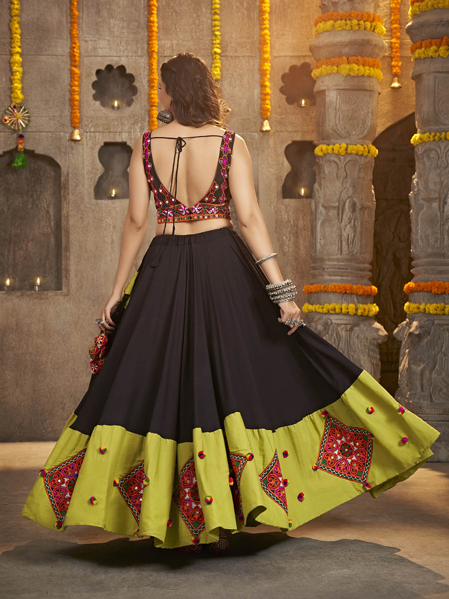 Myra Black Viscose Rayon and Cotton Embroidered with Print Designer Lehenga | Grocsy