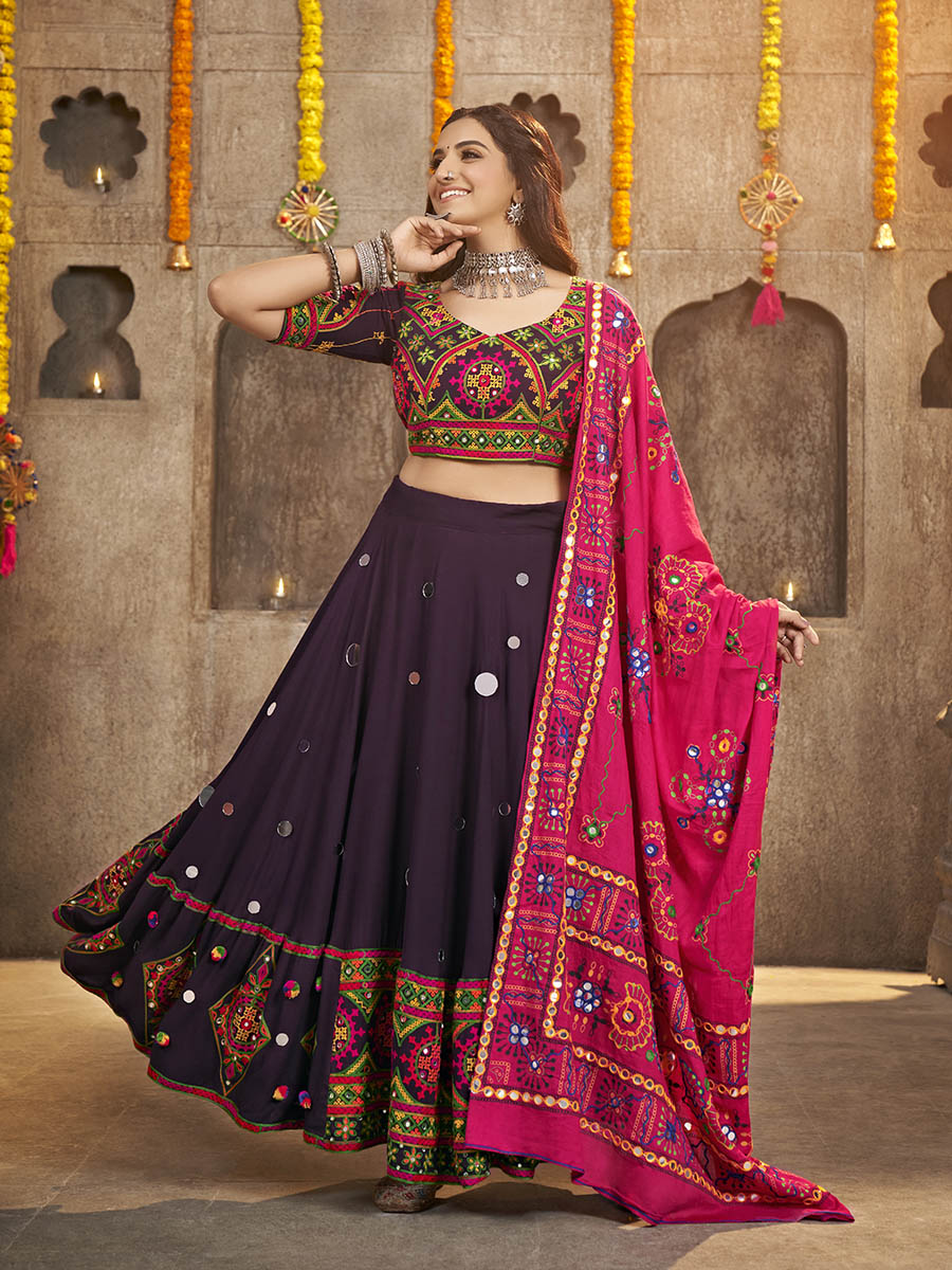 Myra Purple Viscose Rayon and Cotton Embroidered with Print Designer Lehenga | Grocsy