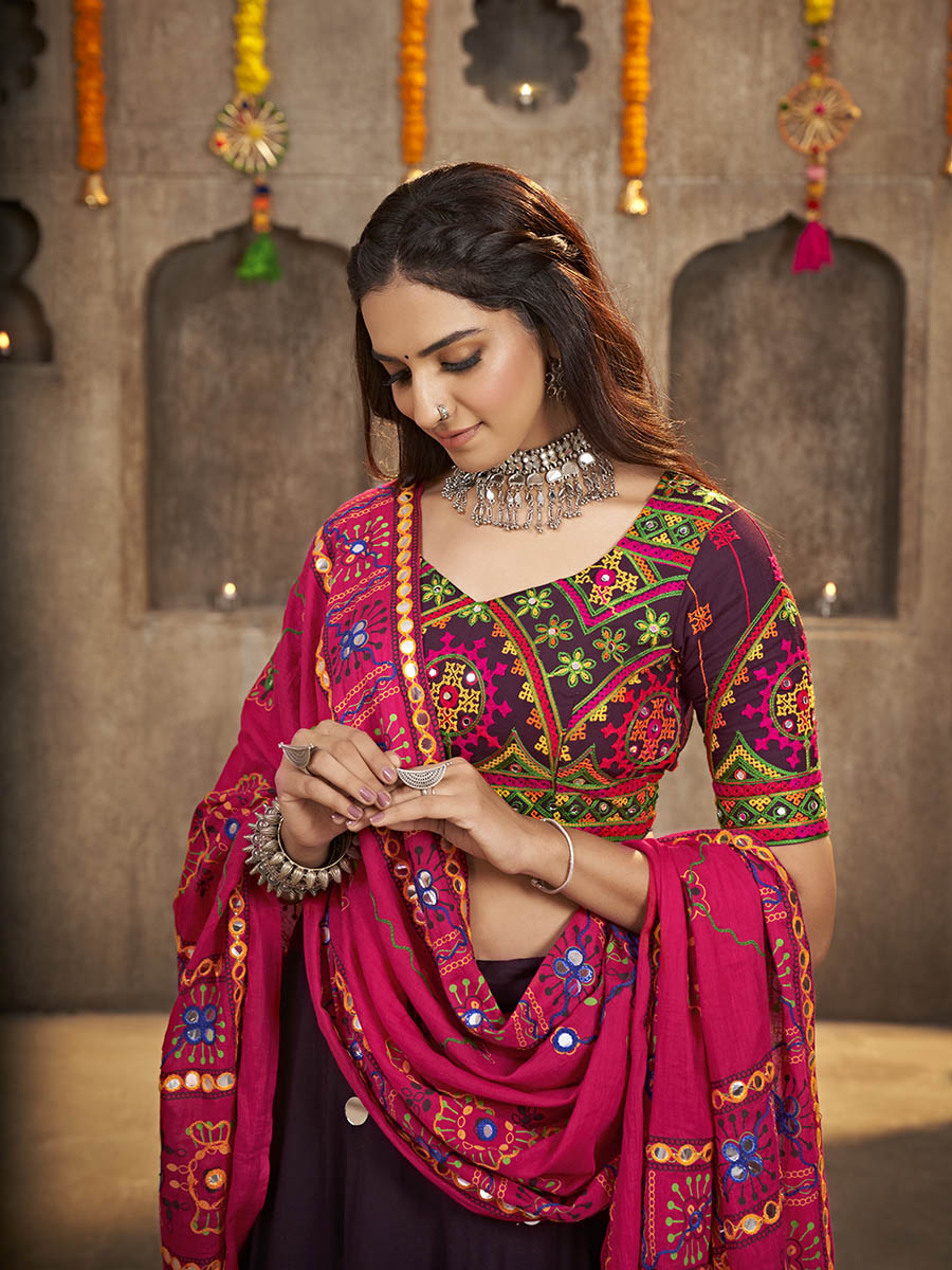 Myra Purple Viscose Rayon and Cotton Embroidered with Print Designer Lehenga | Grocsy