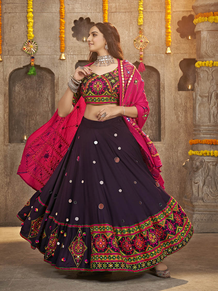 Myra Purple Viscose Rayon and Cotton Embroidered with Print Designer Lehenga | Grocsy