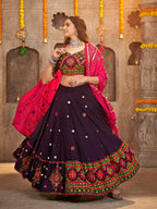 Myra Purple Viscose Rayon and Cotton Embroidered with Print Designer Lehenga | Grocsy