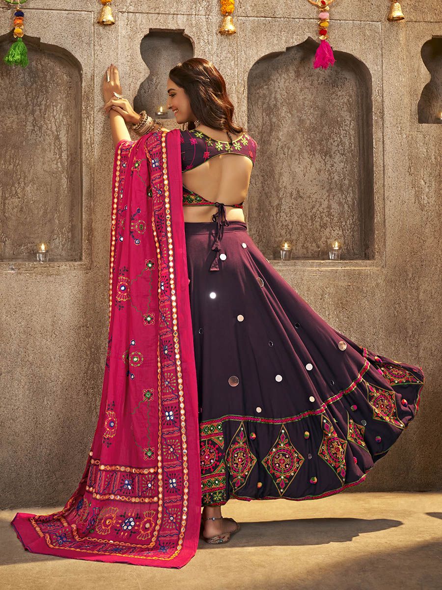 Myra Purple Viscose Rayon and Cotton Embroidered with Print Designer Lehenga | Grocsy
