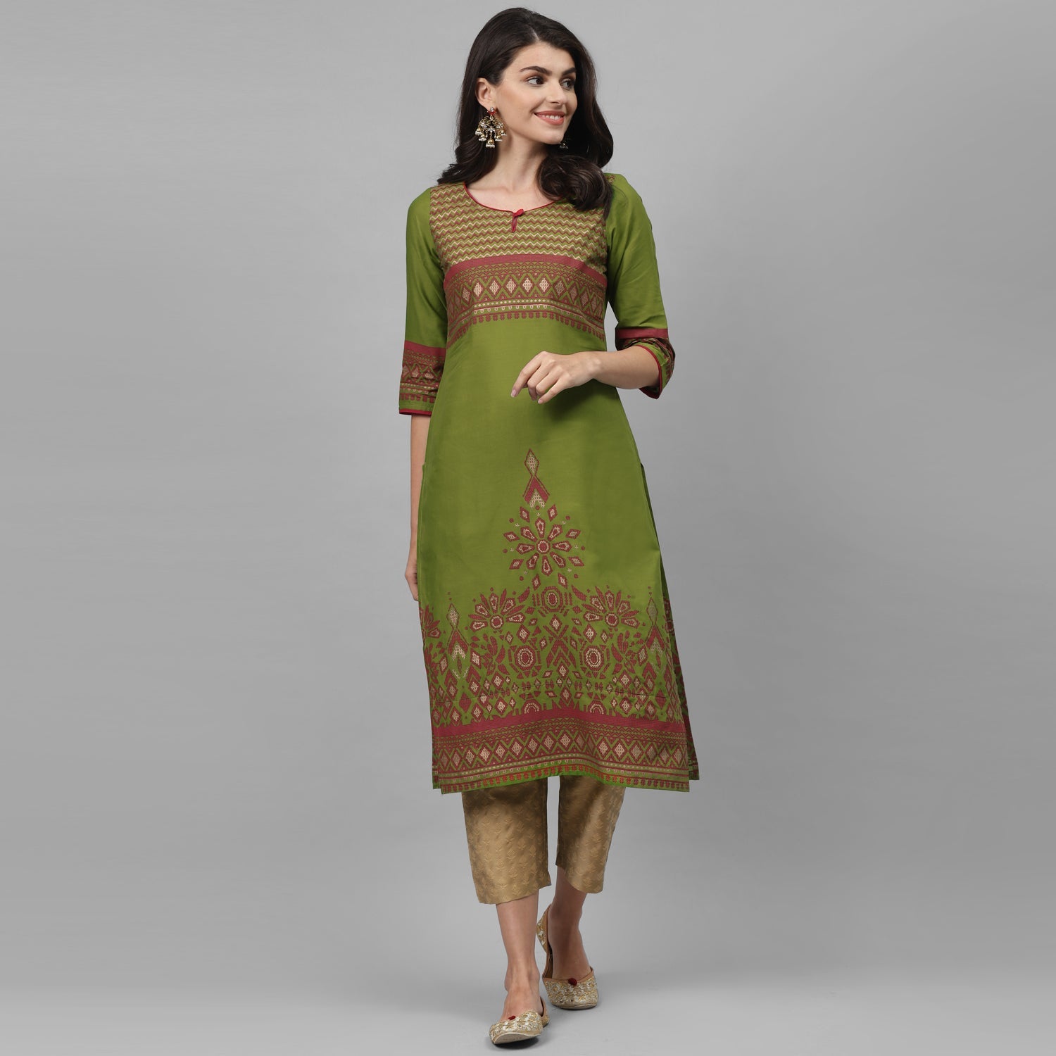 Maai Rayon Hand Printed Kurta Green | Grocsy