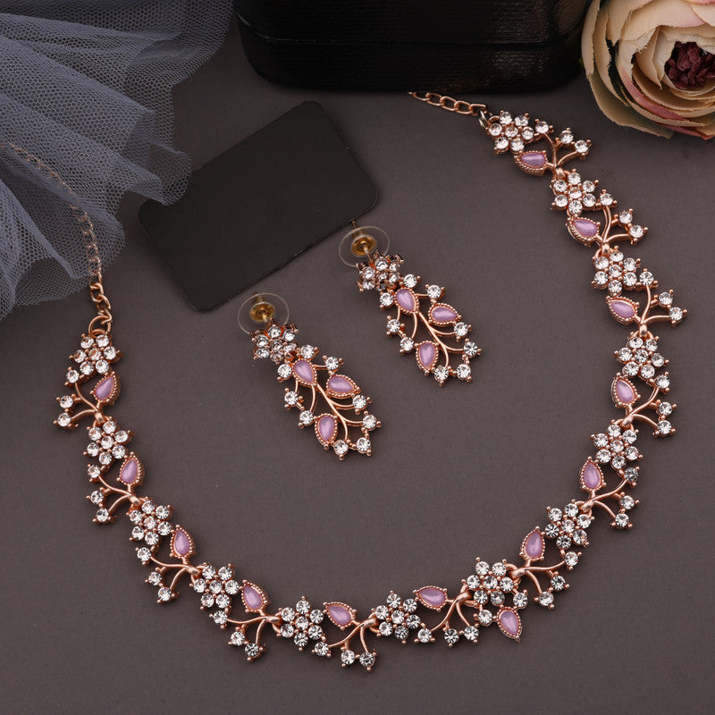 Tehzeeb Creations Rose Gold Pleated White Diamond With Lavender Beads Necklace Set - Swadesiicart