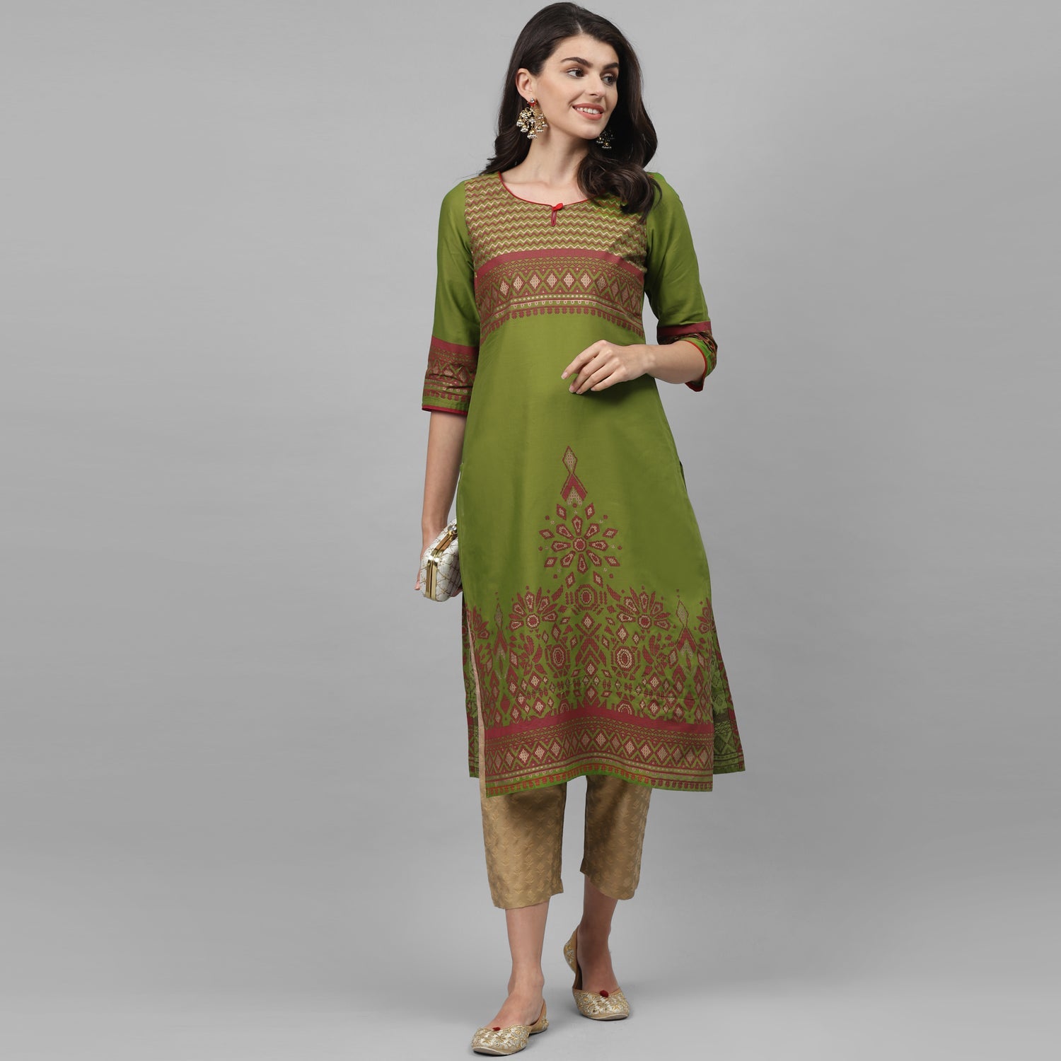Maai Rayon Hand Printed Kurta Green | Grocsy