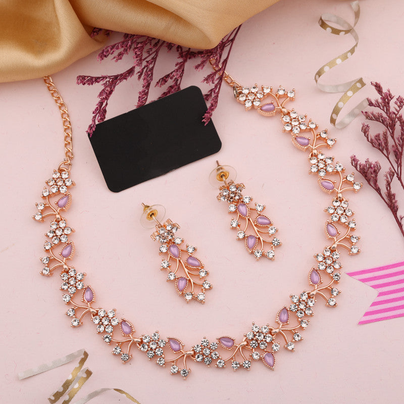 Tehzeeb Creations Rose Gold Pleated White Diamond With Lavender Beads Necklace Set - Swadesiicart