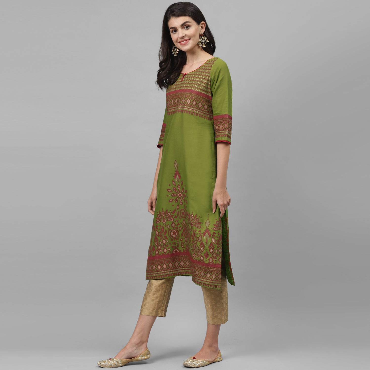 Maai Rayon Hand Printed Kurta Green | Grocsy