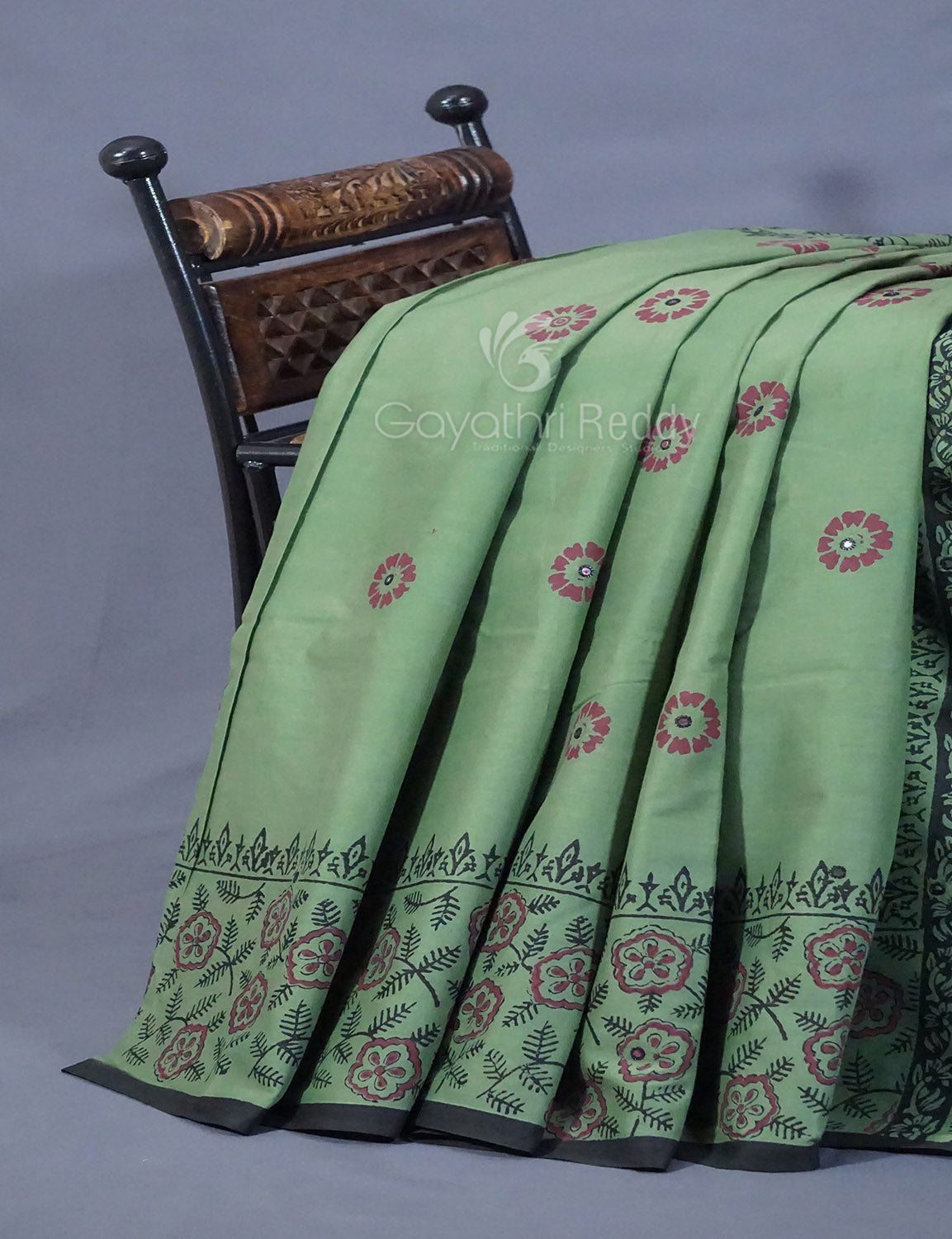 Pista Mix Colour Block Print With Mirron Embroidered Pure Mulmul Cotton Saree By Gayathri Reddy Designer Studio | Grocsy