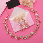 Tehzeeb Creations Rose Gold Pleated White Diamond With Lavender Beads Necklace Set - Swadesiicart
