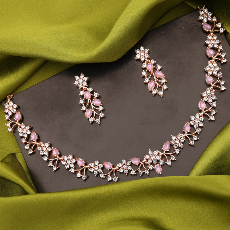 Tehzeeb Creations Rose Gold Pleated White Diamond With Lavender Beads Necklace Set - Swadesiicart