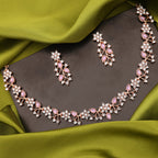 Tehzeeb Creations Rose Gold Pleated White Diamond With Lavender Beads Necklace Set - Swadesiicart