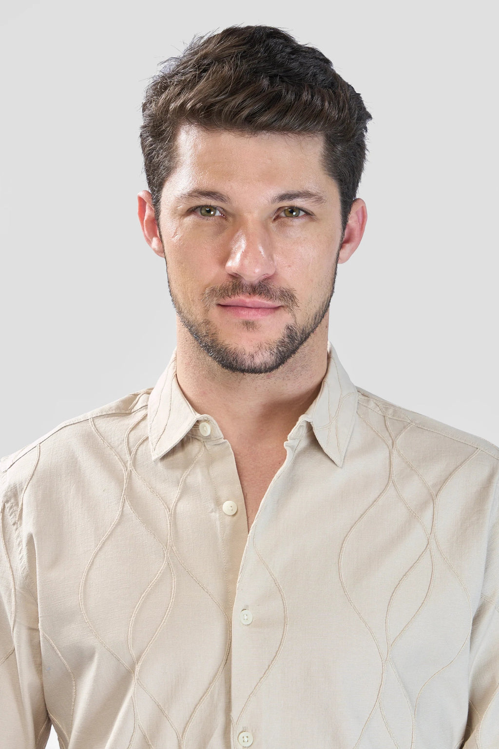 Xkind Beige Embroidery Full Sleeve Slim Fit Shirt | Grocsy