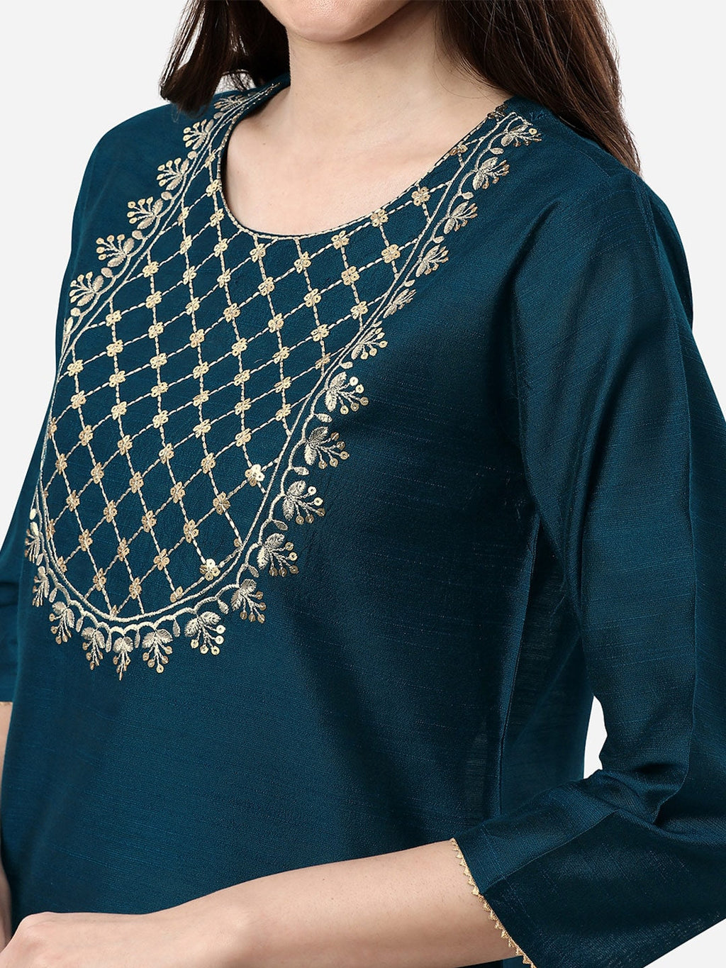 HERE&NOW Women Teal Ethnic Motifs Embroidered Kurta | Grocsy