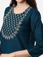 HERE&NOW Women Teal Ethnic Motifs Embroidered Kurta | Grocsy