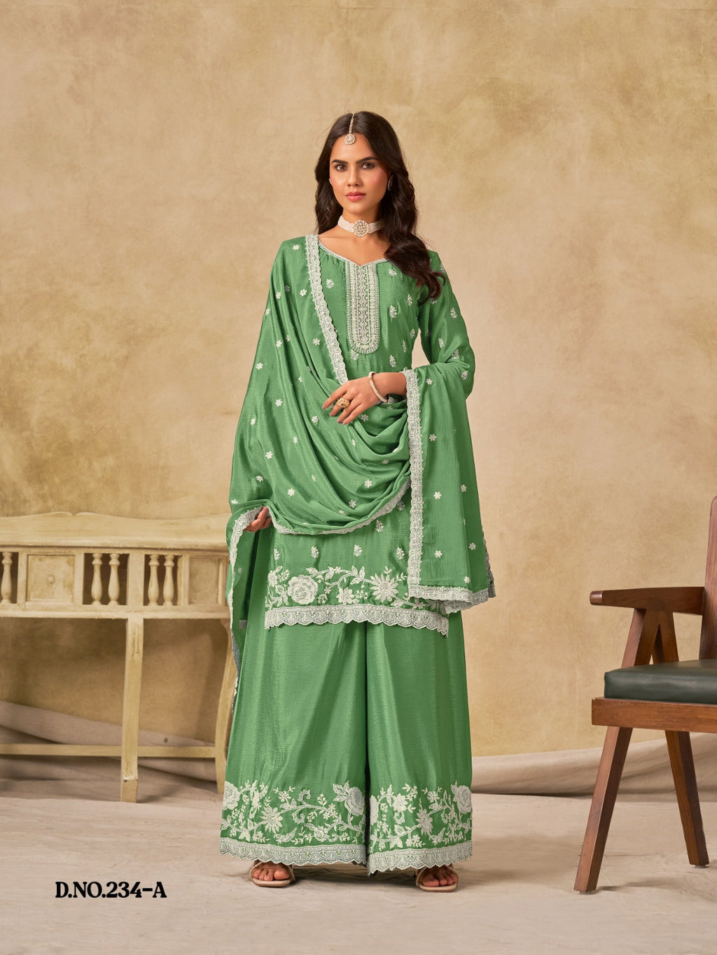 Anaita Green Heavy Chinon Palazzo Suit With Embroidery Work | Grocsy