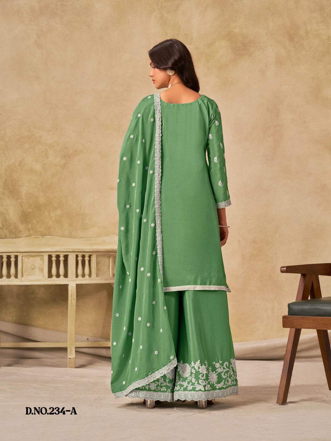 Anaita Green Heavy Chinon Palazzo Suit With Embroidery Work | Grocsy