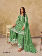 Anaita Green Heavy Chinon Palazzo Suit With Embroidery Work | Grocsy