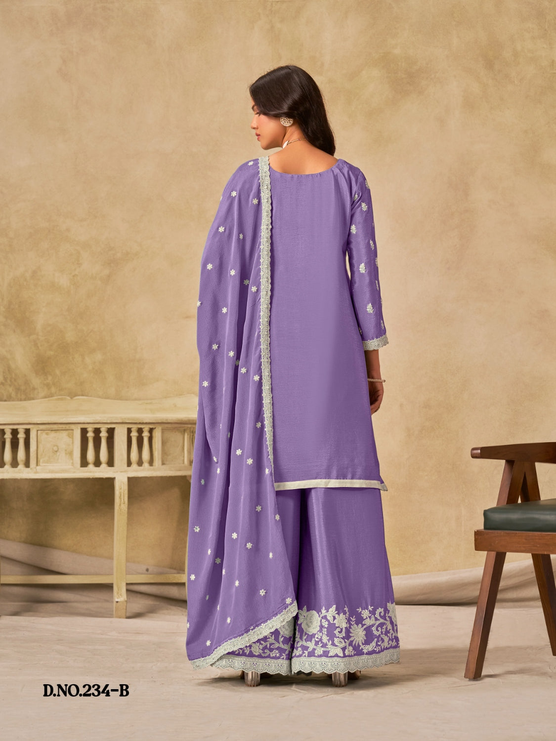 Anaita Lavender Heavy Chinon Palazzo Suit With Embroidery Work | Grocsy