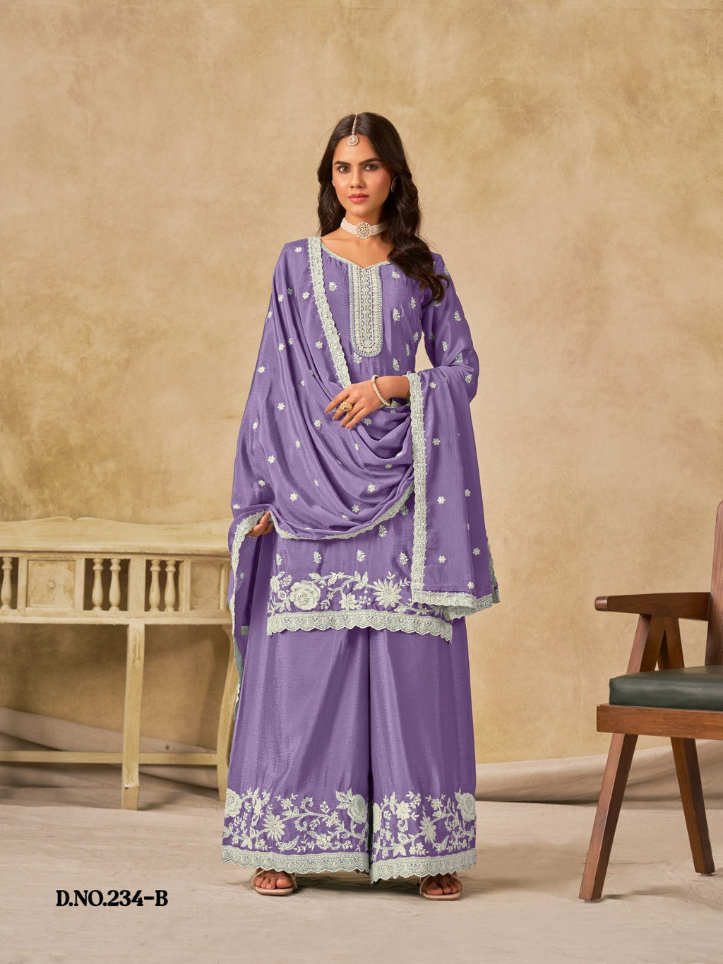 Anaita Lavender Heavy Chinon Palazzo Suit With Embroidery Work | Grocsy