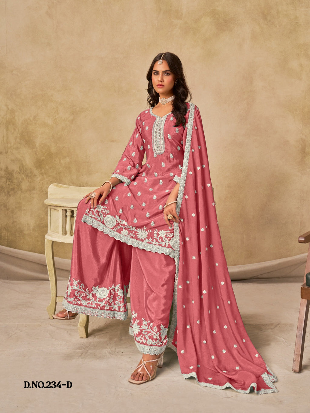 Anaita Peach Heavy Chinon Palazzo Suit With Embroidery Work | Grocsy