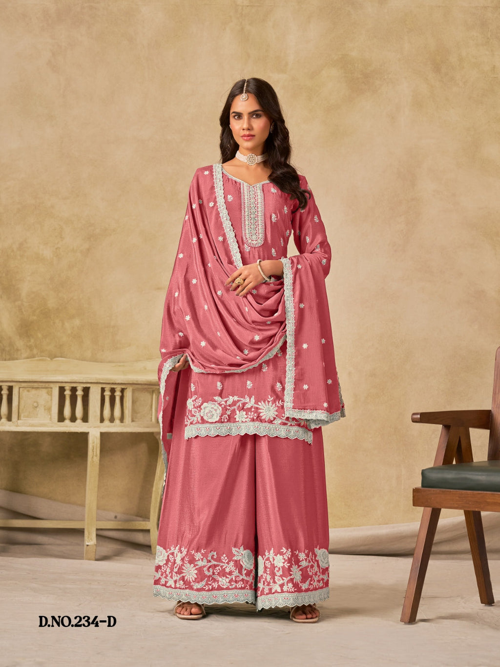 Anaita Peach Heavy Chinon Palazzo Suit With Embroidery Work | Grocsy