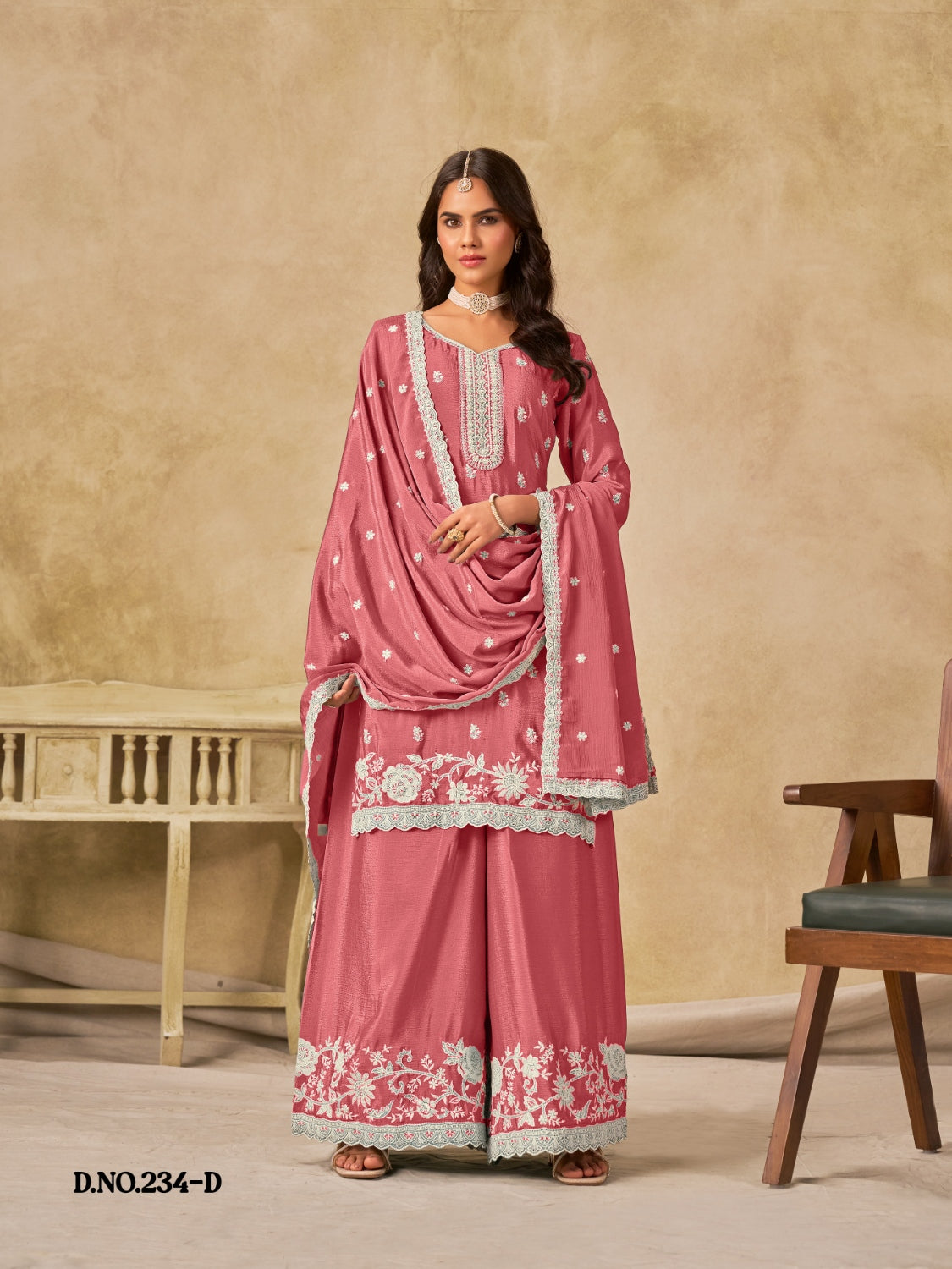 Anaita Peach Heavy Chinon Palazzo Suit With Embroidery Work | Grocsy