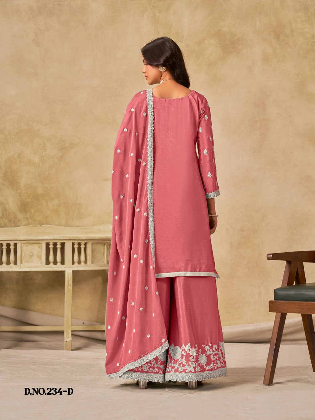 Anaita Peach Heavy Chinon Palazzo Suit With Embroidery Work | Grocsy