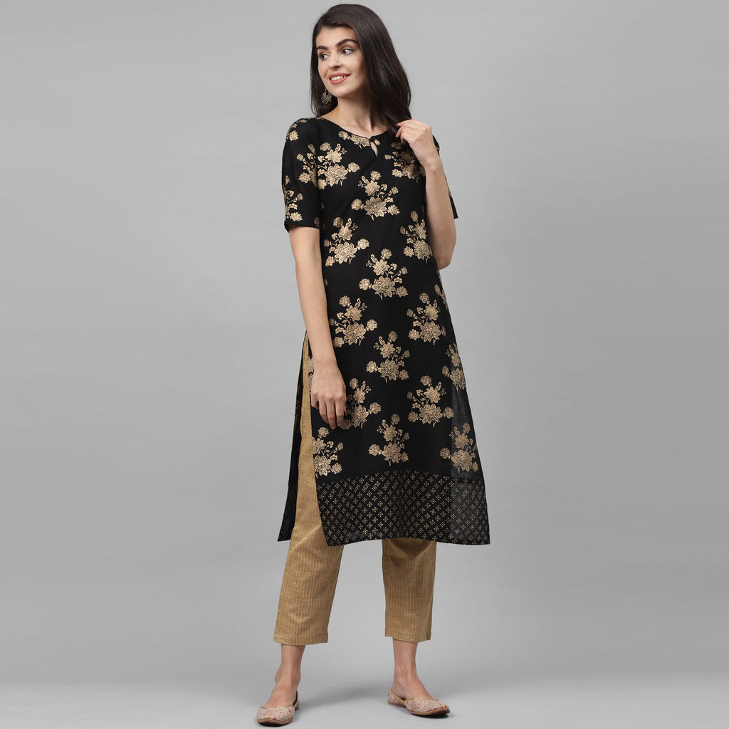 Maai Rayon Hand Printed Kurta Black | Grocsy