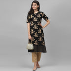Maai Rayon Hand Printed Kurta Black | Grocsy
