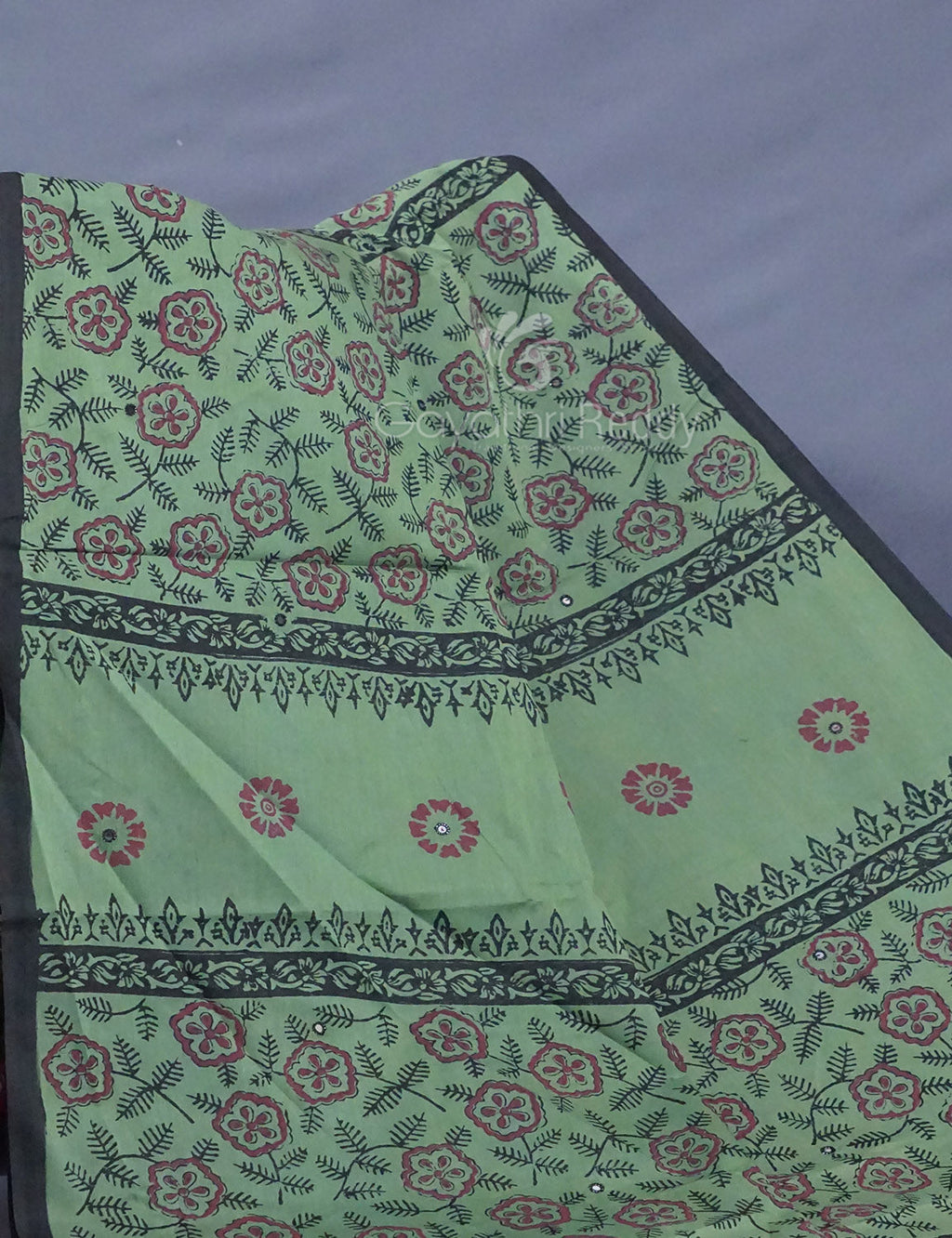 Pista Mix Colour Block Print With Mirron Embroidered Pure Mulmul Cotton Saree By Gayathri Reddy Designer Studio | Grocsy