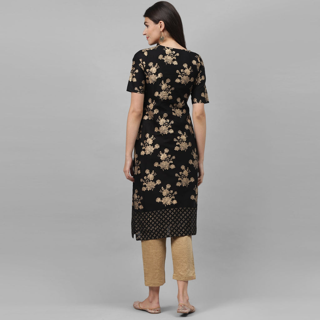 Maai Rayon Hand Printed Kurta Black | Grocsy