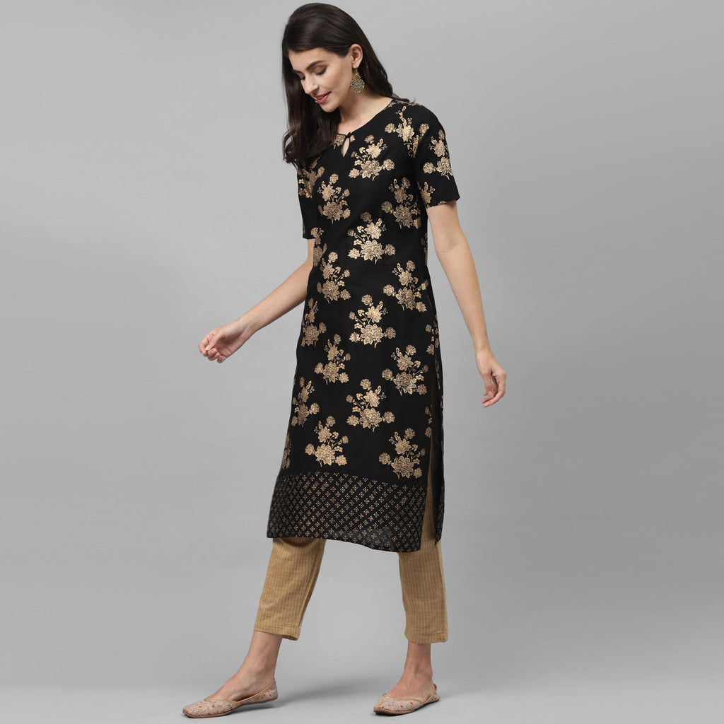 Maai Rayon Hand Printed Kurta Black | Grocsy