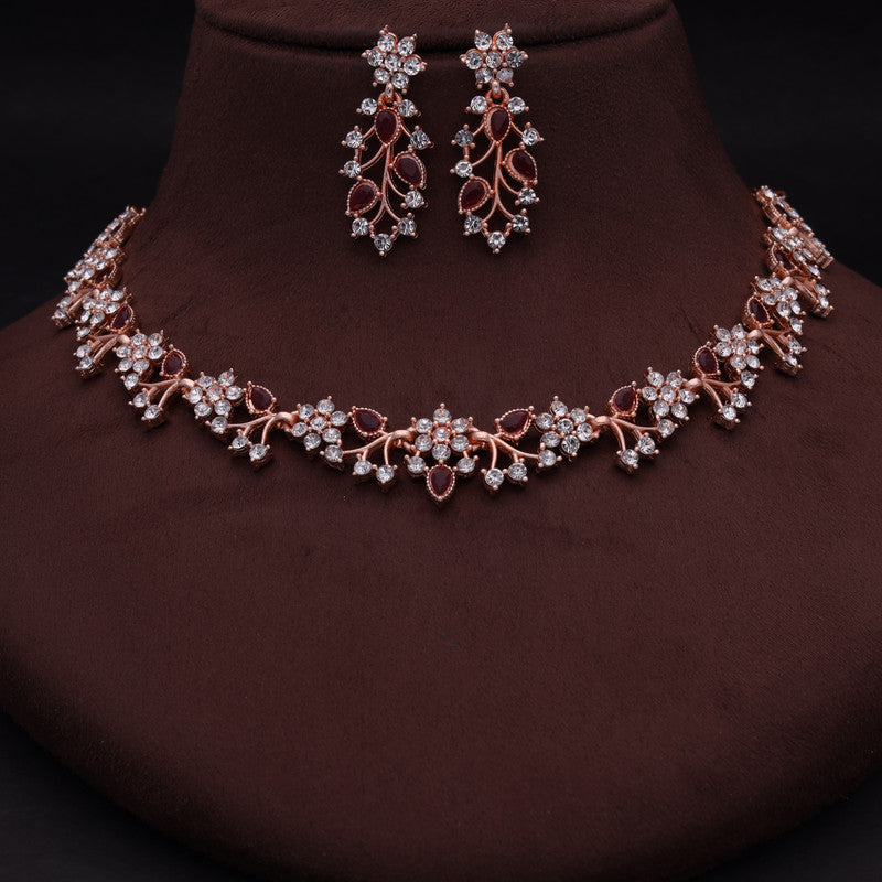 Tehzeeb Creations Rose Gold Pleated White Diamond With Maroon Beads Necklace Set | Grocsy