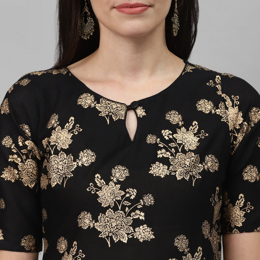 Maai Rayon Hand Printed Kurta Black | Grocsy