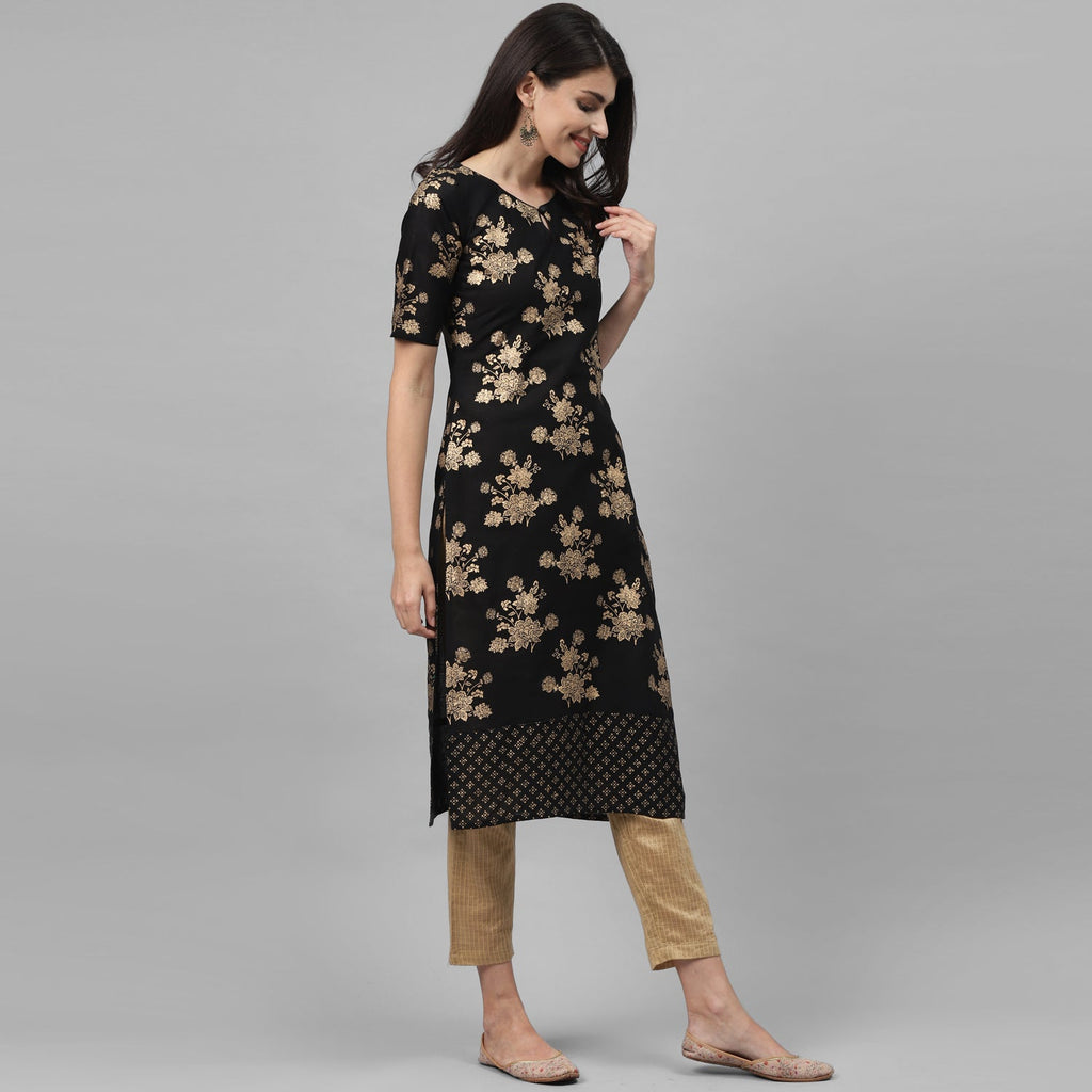 Maai Rayon Hand Printed Kurta Black | Grocsy
