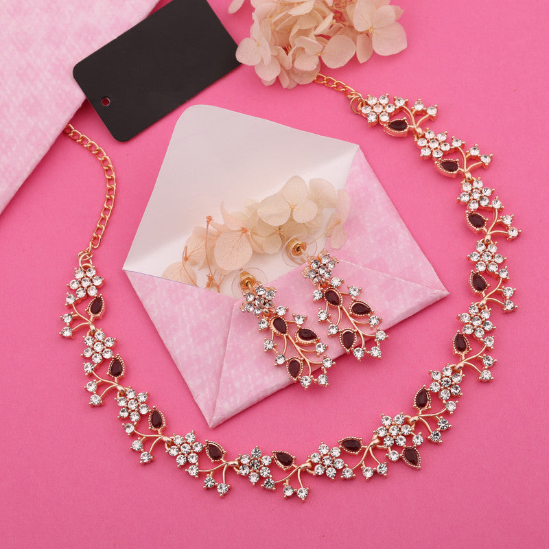 Tehzeeb Creations Rose Gold Pleated White Diamond With Maroon Beads Necklace Set | Grocsy