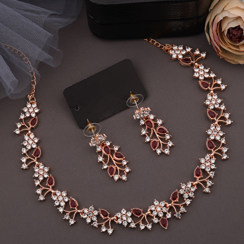 Tehzeeb Creations Rose Gold Pleated White Diamond With Maroon Beads Necklace Set | Grocsy
