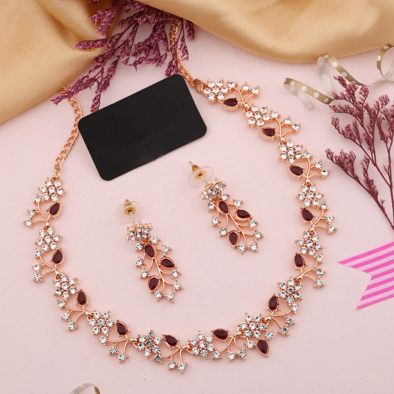 Tehzeeb Creations Rose Gold Pleated White Diamond With Maroon Beads Necklace Set | Grocsy