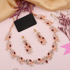 Tehzeeb Creations Rose Gold Pleated White Diamond With Maroon Beads Necklace Set | Grocsy