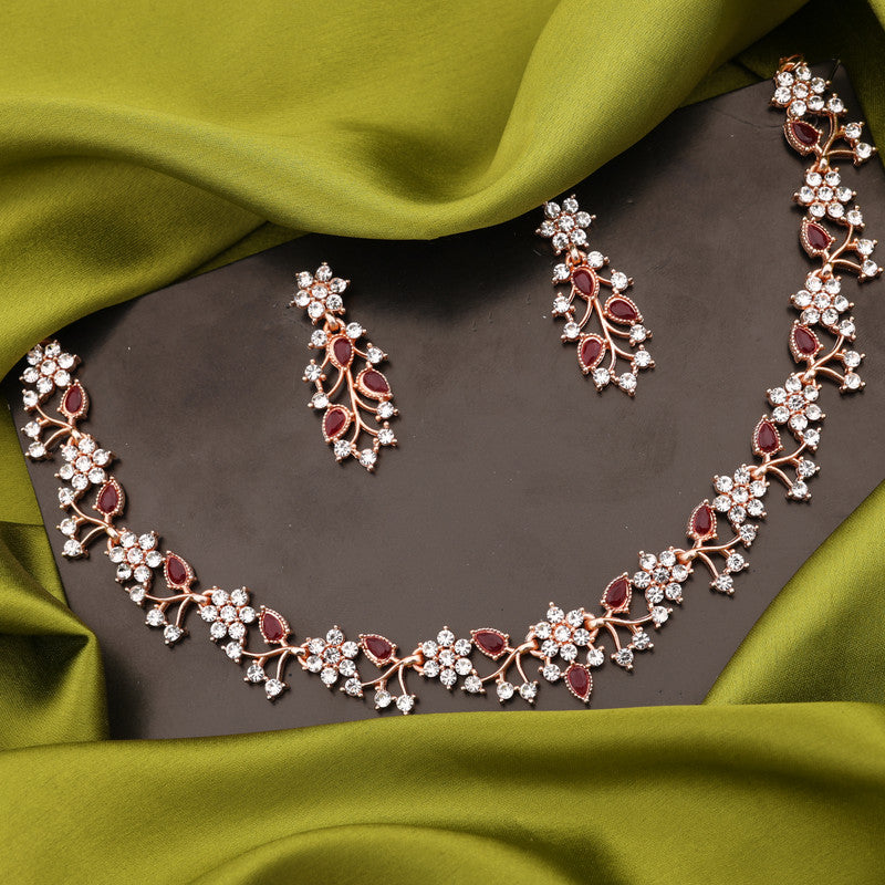Tehzeeb Creations Rose Gold Pleated White Diamond With Maroon Beads Necklace Set | Grocsy
